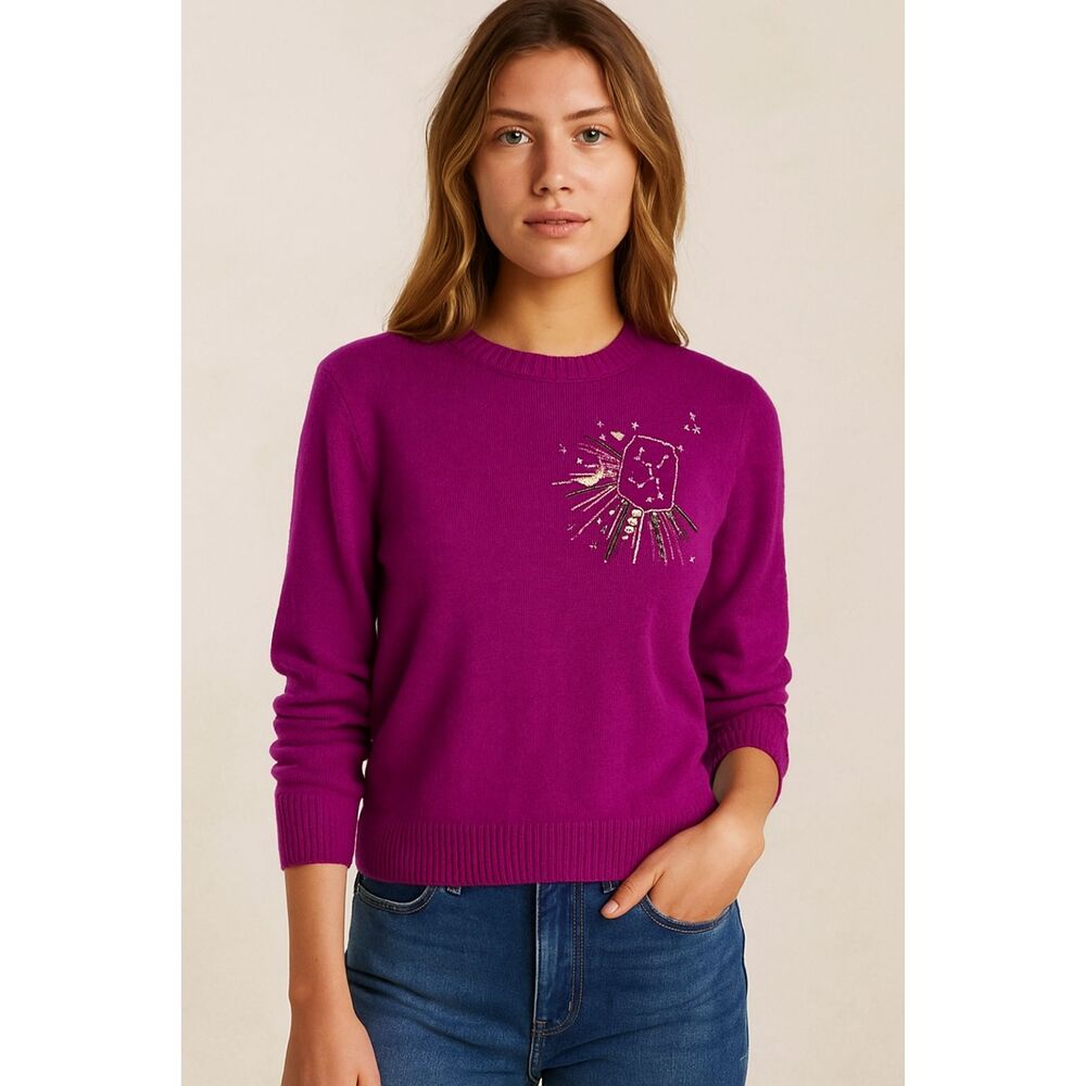 Le Lion XS Purple Merino Wool Sweater Virgo Zodiac Constellation Beaded Stars